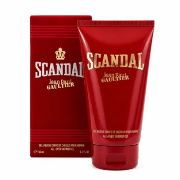 Red tube and matching box of Jean Paul Gaultier "Scandal" all-over shower gel for men, 150 ml, with gold and white text on packaging.