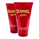 Two red tubes of Jean Paul Gaultier Scandal all over shower gel are displayed standing upright, with bold yellow text on the packaging.