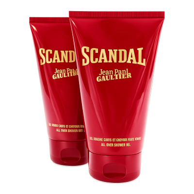 Two red tubes of Jean Paul Gaultier Scandal all over shower gel are displayed standing upright, with bold yellow text on the packaging.