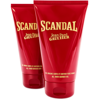 Two red tubes of Jean Paul Gaultier Scandal all over shower gel are displayed standing upright, with bold yellow text on the packaging.