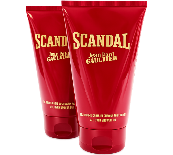 Two red tubes of Jean Paul Gaultier Scandal all over shower gel are displayed standing upright, with bold yellow text on the packaging.