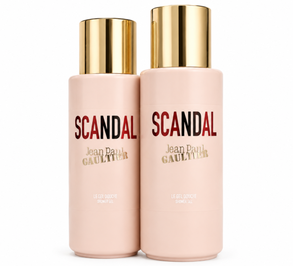 Two beige bottles with gold caps labeled "SCANDAL Jean Paul Gaultier Le Gel Douche Shower Gel" stand side by side against a white background.