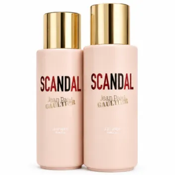 Two beige bottles with gold caps labeled "SCANDAL Jean Paul Gaultier Le Gel Douche Shower Gel" stand side by side against a white background.