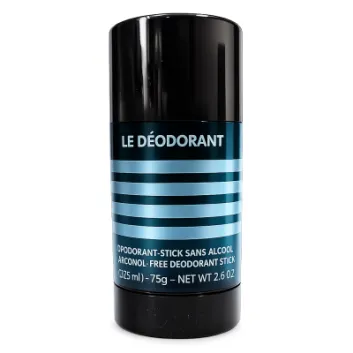 A black and blue cylindrical deodorant stick labeled “Le Déodorant” with alcohol-free and weight information on the front.