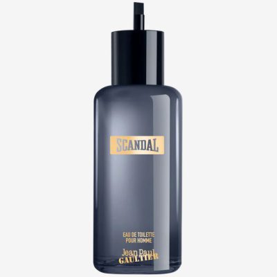 A tall, dark blue 200ml bottle of Jean Paul Gaultier Scandal Pour Homme Eau de Toilette Refillable Spray with a black cap and gold label.