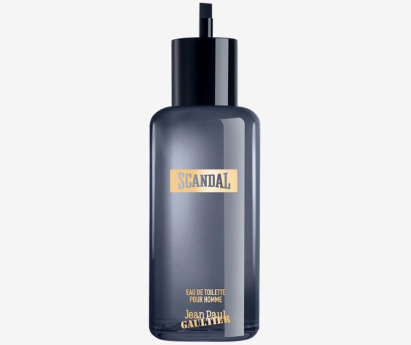 A tall, dark blue 200ml bottle of Jean Paul Gaultier Scandal Pour Homme Eau de Toilette Refillable Spray with a black cap and gold label.