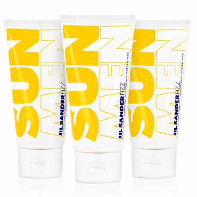Three yellow and white Jil Sander SUN MEN tubes are standing upright side by side on a white background, with bold "SUN MEN" text displayed across the front of the packaging.