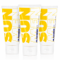 Three yellow and white Jil Sander SUN MEN tubes are standing upright side by side on a white background, with bold 