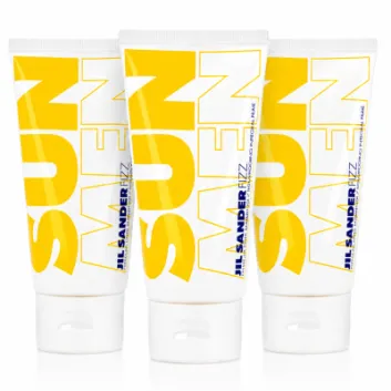 Three yellow and white Jil Sander SUN MEN tubes are standing upright side by side on a white background, with bold "SUN MEN" text displayed across the front of the packaging.
