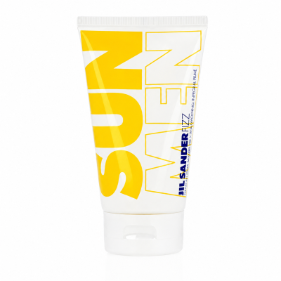 A white tube labeled "SUN MEN" in large yellow letters, with "Jil Sander Fizz" and additional product details printed in blue near the bottom.