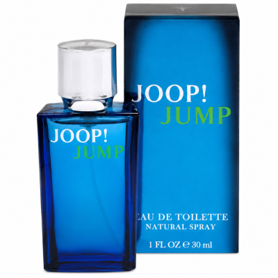 A blue bottle of Joop Jump EDT for Men, 30ml travel size, is displayed beside its matching blue box.