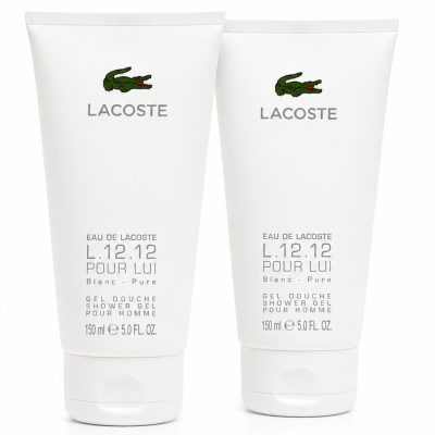 Three white tubes of Lacoste L.12.12 Blanc Shower Gel Body Wash, each 150 ml, are standing upright side by side on a white background.