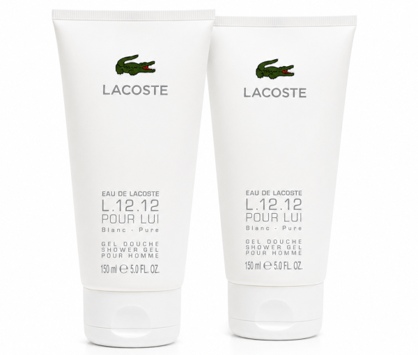 Three white tubes of Lacoste L.12.12 Blanc Shower Gel Body Wash, each 150 ml, are standing upright side by side on a white background.