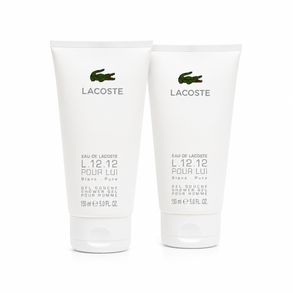 Three white tubes of Lacoste L.12.12 Blanc Shower Gel Body Wash, each 150 ml, are standing upright side by side on a white background.