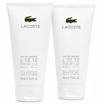 Three white tubes of Lacoste L.12.12 Blanc Shower Gel Body Wash, each 150 ml, are standing upright side by side on a white background.