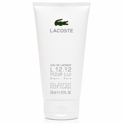A set of three 150 ml tubes of Lacoste L.12.12 Blanc Shower Gel Body Wash for men, each featuring the Lacoste logo and product details in black text.