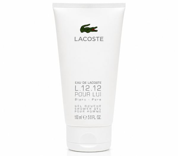 A set of three 150 ml tubes of Lacoste L.12.12 Blanc Shower Gel Body Wash for men, each featuring the Lacoste logo and product details in black text.