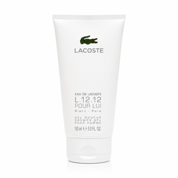A set of three 150 ml tubes of Lacoste L.12.12 Blanc Shower Gel Body Wash for men, each featuring the Lacoste logo and product details in black text.