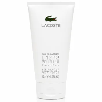 A set of three 150 ml tubes of Lacoste L.12.12 Blanc Shower Gel Body Wash for men, each featuring the Lacoste logo and product details in black text.