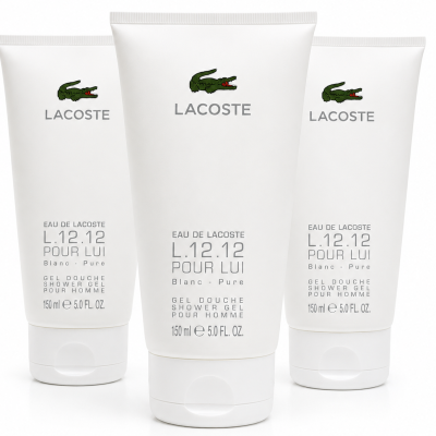 Three tubes of Lacoste L.12.12 Blanc Shower Gel Body Wash, 150ml each, are displayed upright against a plain white background.