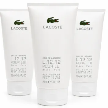Three tubes of Lacoste L.12.12 Blanc Shower Gel Body Wash, 150ml each, are displayed upright against a plain white background.