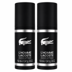 Two black spray deodorant cans labeled "L'Homme Lacoste" with white text and a crocodile logo, each containing 150 ml (3.6 oz).