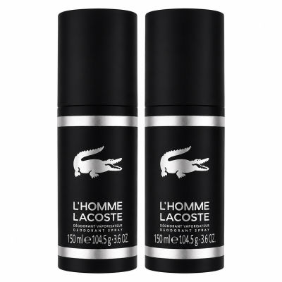 Two black spray deodorant cans labeled "L'Homme Lacoste" with white text and a crocodile logo, each containing 150 ml (3.6 oz).
