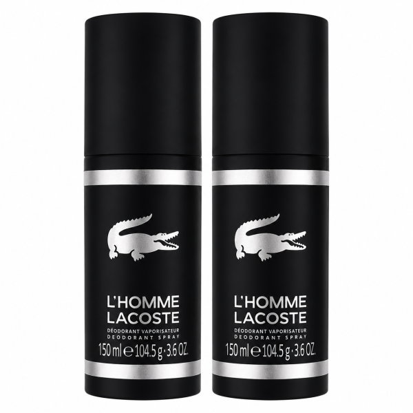 Two black spray deodorant cans labeled "L'Homme Lacoste" with white text and a crocodile logo, each containing 150 ml (3.6 oz).