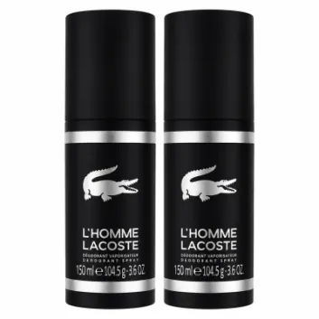 Two black spray deodorant cans labeled "L'Homme Lacoste" with white text and a crocodile logo, each containing 150 ml (3.6 oz).