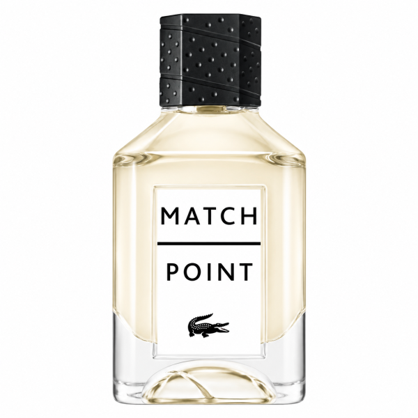Clear glass bottle of Lacoste Match Point perfume with a black textured cap, pale yellow liquid inside, and a white label featuring black text and the Lacoste crocodile logo.