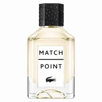 Clear glass bottle of Lacoste Match Point perfume with a black textured cap, pale yellow liquid inside, and a white label featuring black text and the Lacoste crocodile logo.