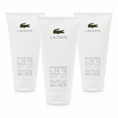 Three upright tubes of 3x Lacoste L.12.12 Blanc Shower Gel Body Wash, each containing 150ml, are displayed against a plain white background.