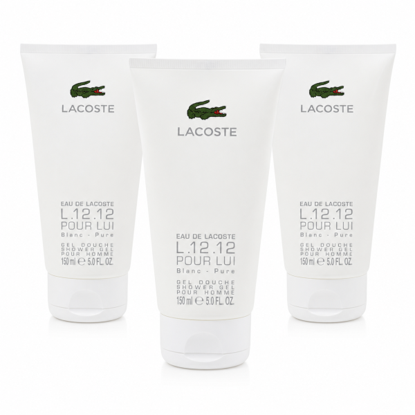 Three upright tubes of 3x Lacoste L.12.12 Blanc Shower Gel Body Wash, each containing 150ml, are displayed against a plain white background.