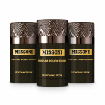 Three Missoni Parfum Pour Homme deodorant sticks with dark brown and gold packaging are arranged side by side against a white background.