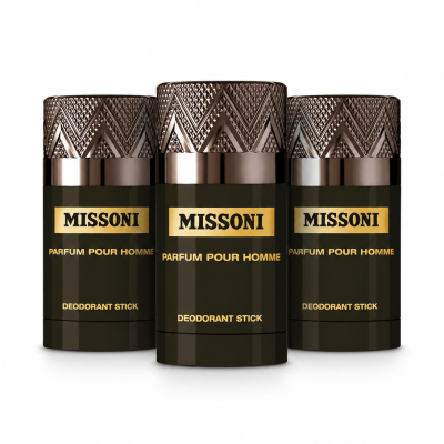 Three Missoni Parfum Pour Homme deodorant sticks with dark brown and gold packaging are arranged side by side against a white background.