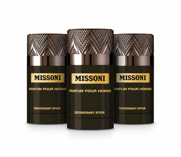 Three Missoni Parfum Pour Homme deodorant sticks with dark brown and gold packaging are arranged side by side against a white background.