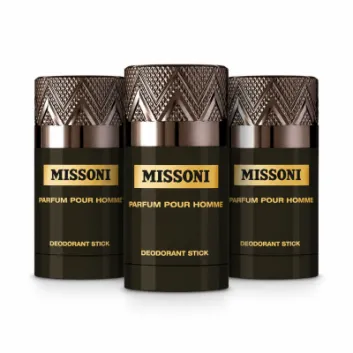 Three Missoni Parfum Pour Homme deodorant sticks with dark brown and gold packaging are arranged side by side against a white background.