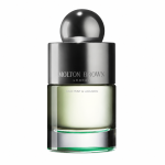 A bottle of Molton Brown London Wild Mint & Lavandin perfume with a silver cap and gradient green glass.