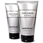 Two silver tubes of Montblanc Explorer Platinum All Over Shower Gel, 150 ml each, displayed against a white background.