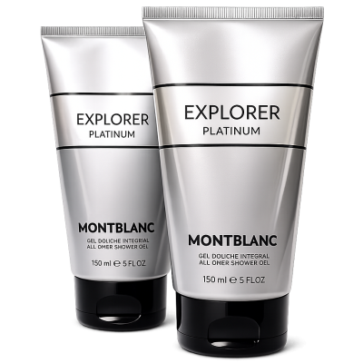 Two silver tubes of Montblanc Explorer Platinum All Over Shower Gel, 150 ml each, displayed against a white background.