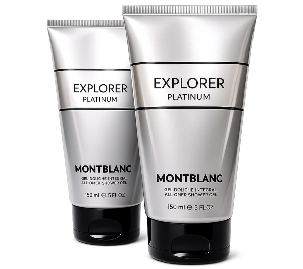 Two silver tubes of Montblanc Explorer Platinum All Over Shower Gel, 150 ml each, displayed against a white background. Two silver tubes of Montblanc Explorer Platinum All Over Shower Gel, 150 ml each, displayed against a white background.