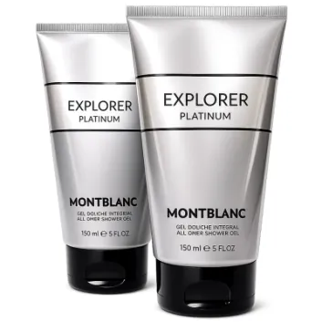 Two silver tubes of Montblanc Explorer Platinum All Over Shower Gel, 150 ml each, displayed against a white background.