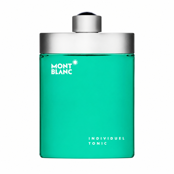 A rectangular turquoise Mont Blanc Individuel Tonic EDT Spray for Men, 75ml, with a silver cap is shown against a white background.