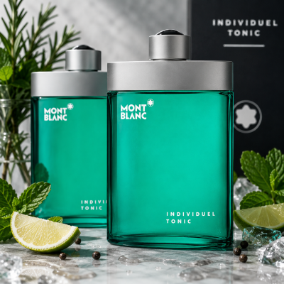 Two bottles of Mont Blanc Individuel Tonic EDT Spray for Men, 75ml, are shown with mint leaves, lime slices, herbs, and ice cubes, while the product packaging appears in the background.