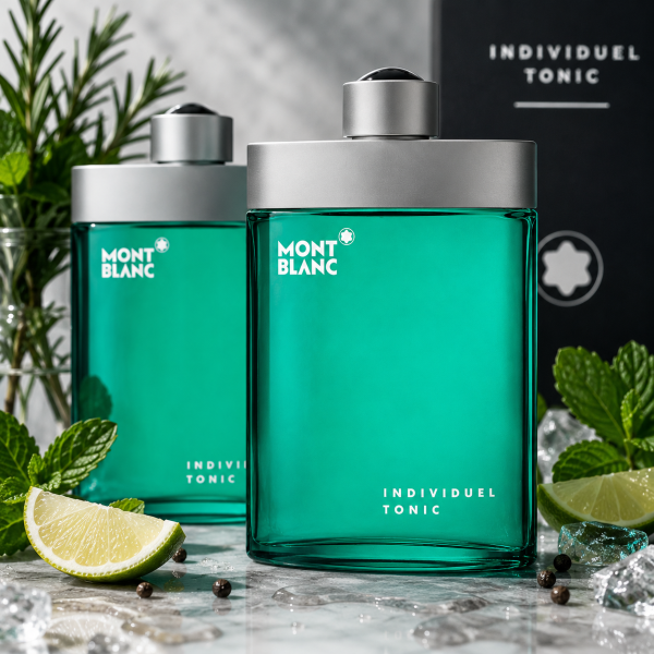 Two bottles of Mont Blanc Individuel Tonic EDT Spray for Men, 75ml, are shown with mint leaves, lime slices, herbs, and ice cubes, while the product packaging appears in the background.