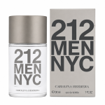 A bottle and box of Carolina Herrera 212 Men NYC eau de toilette, featuring bold gray text on a white background, with product volume of 30 ml or 1 fl. oz.