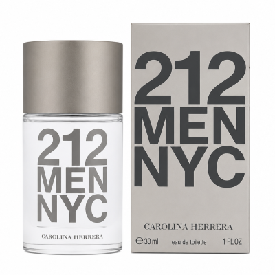 A bottle and box of Carolina Herrera 212 Men NYC eau de toilette, featuring bold gray text on a white background, with product volume of 30 ml or 1 fl. oz.