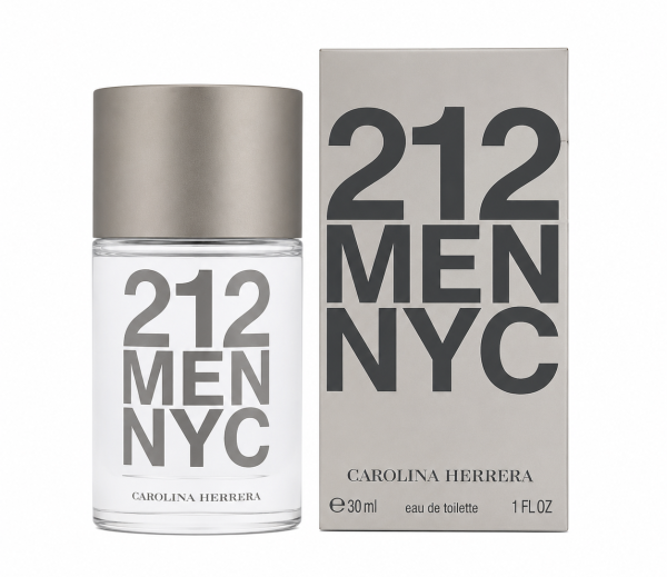 A bottle and box of Carolina Herrera 212 Men NYC eau de toilette, featuring bold gray text on a white background, with product volume of 30 ml or 1 fl. oz.