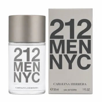 A bottle and box of Carolina Herrera 212 Men NYC eau de toilette, featuring bold gray text on a white background, with product volume of 30 ml or 1 fl. oz.