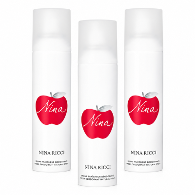 Three 150ml bottles of Nina Ricci Nina Deodorant Spray for Her, featuring a white design with a red apple logo and "Nina" text, displayed upright against a white background.